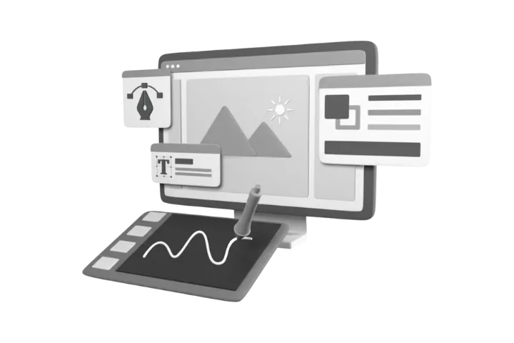 Ilustração de interface com caneta e elementos visuais, simbolizando design gráfico e web design.