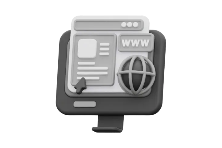 Ícone de site com globo, representando soluções web e conexão com o mundo digital.