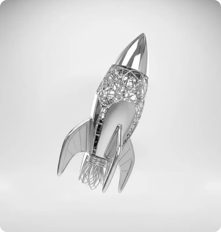 Foguete metálico em 3D, simbolizando impulsão e crescimento de projetos digitais.