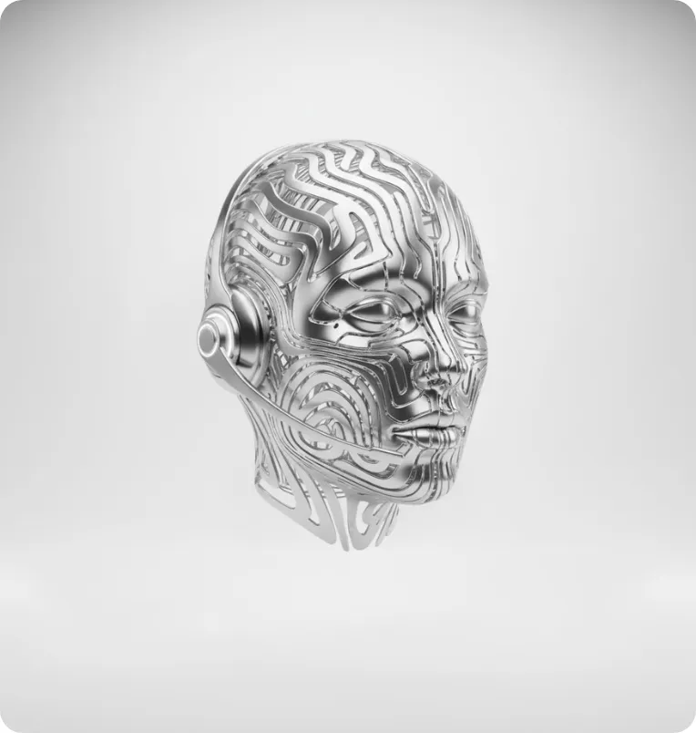 Rosto robótico em 3D com detalhes metálicos, representando inteligência artificial e automação.